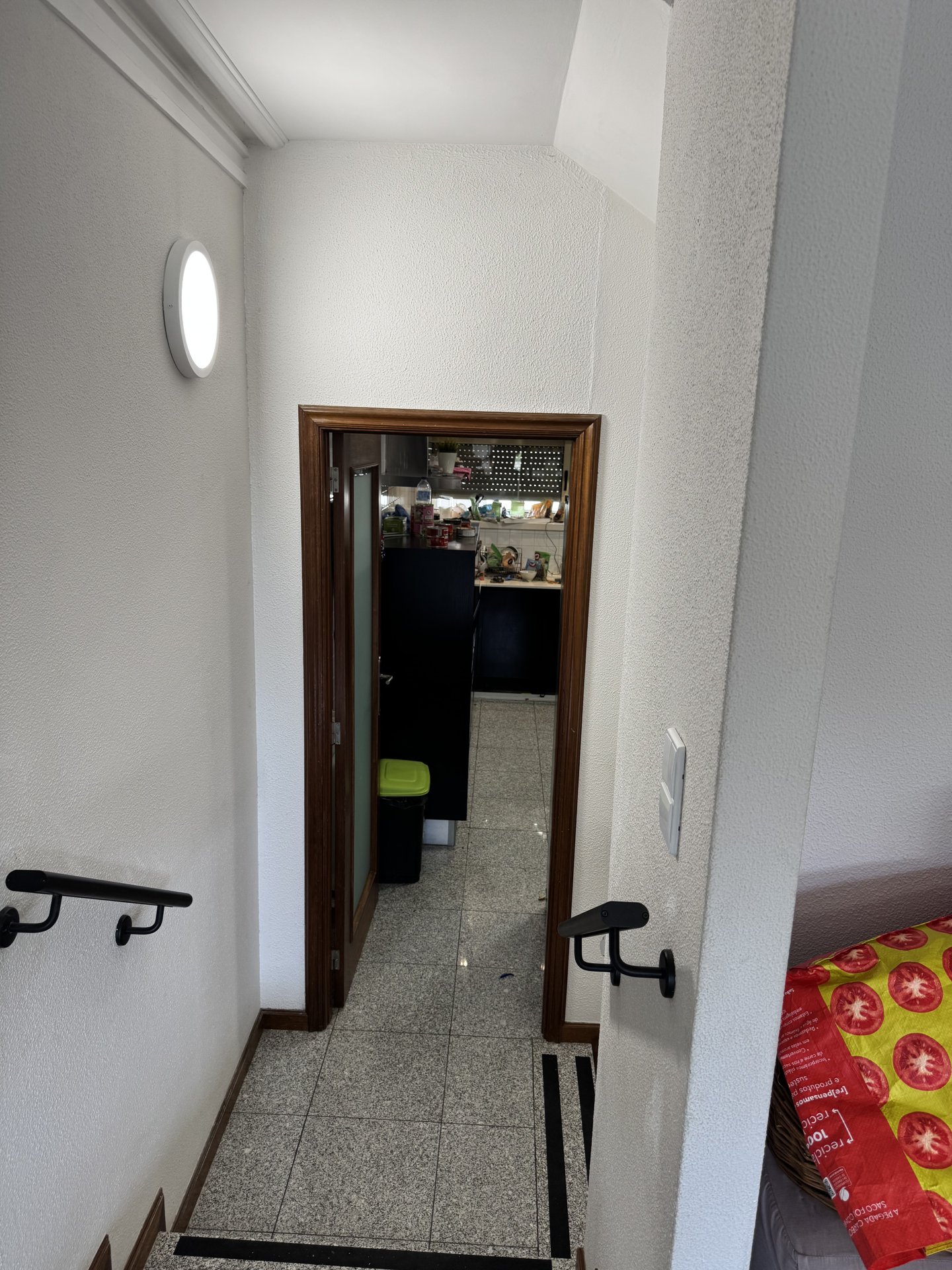 A corridor inside the house, with handrails along the wall