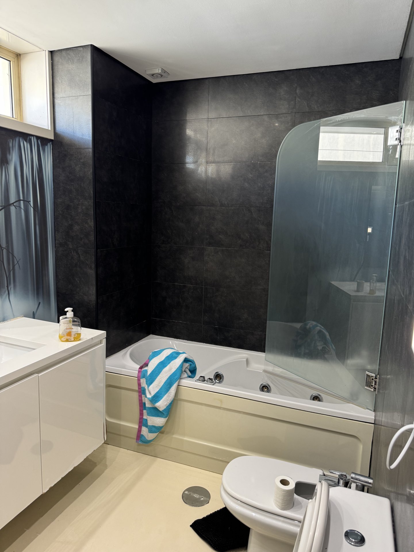 The main bathroom — bathtub, bidet, double sink