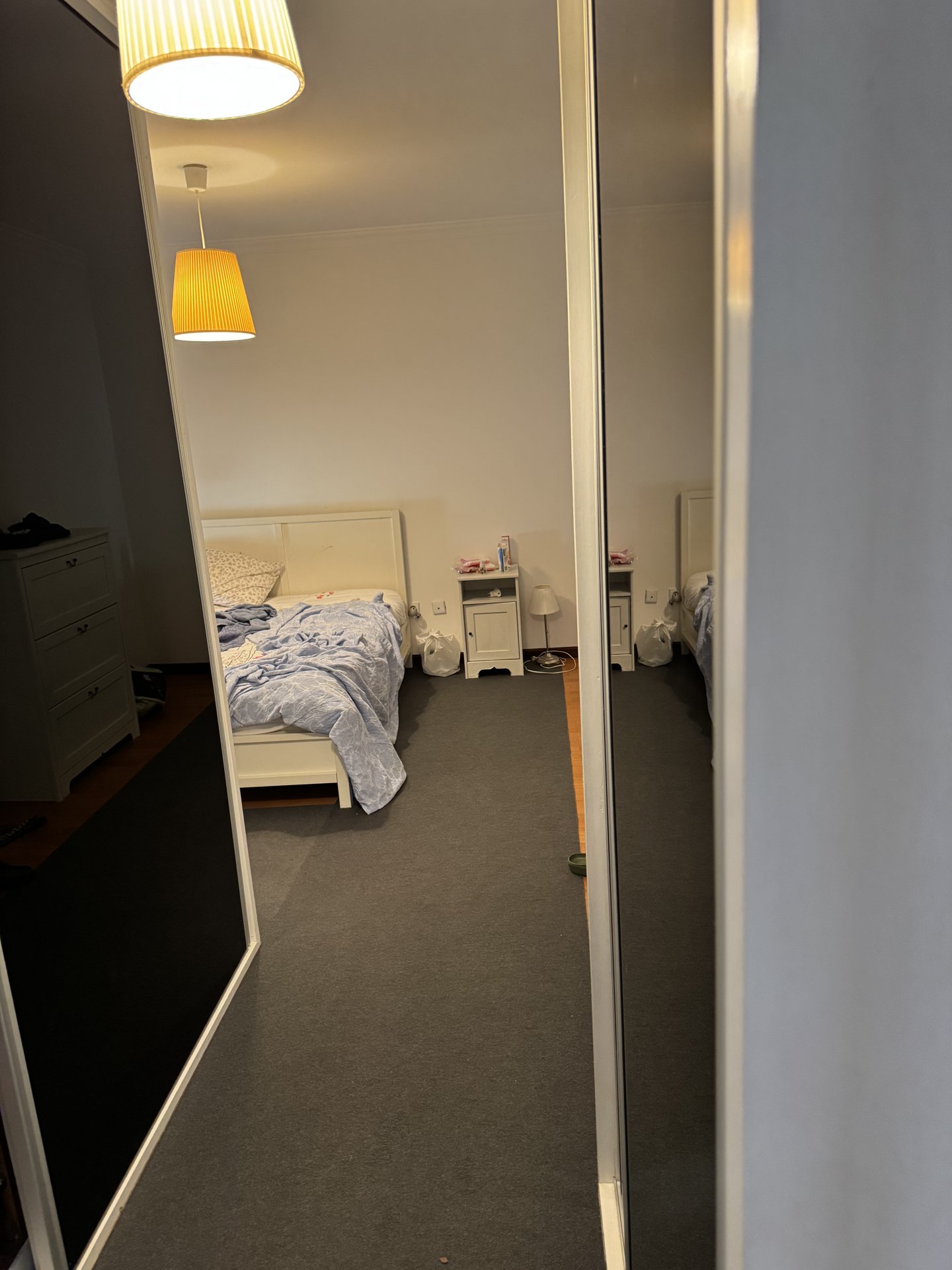 A bedroom with a single bed and a workspace